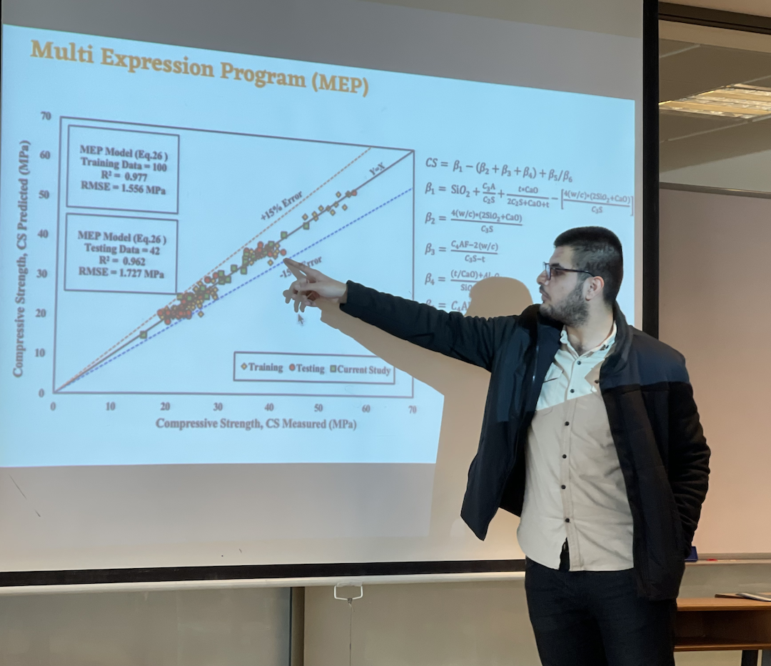 Senior Civil Engineering student Ahmed Ahmed presents his co-researched topic on cement pastes.